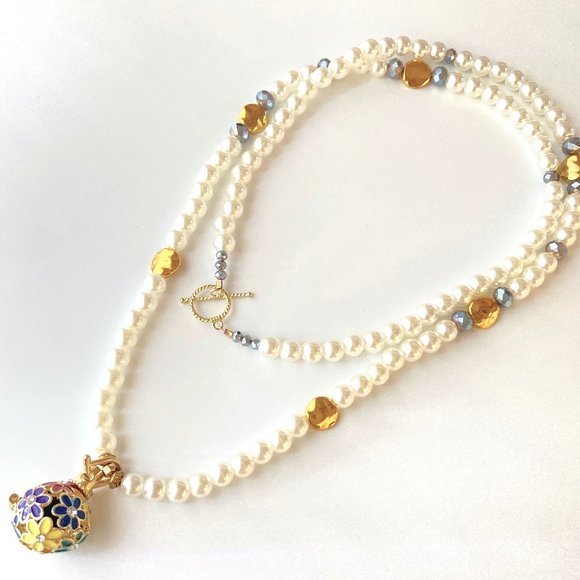 Long Pearls Necklace Crystal Beads Gold Plated - Picture 1 of 5